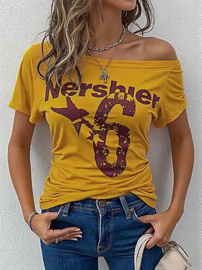 T-Shirt féminin vintage des années 2000 avec coupe décontractée et col cou fendu pour femmes, idéal pour les sorties entre amis et les journées détentes