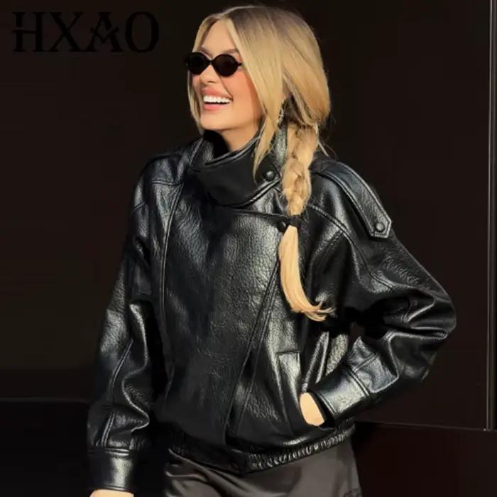 HXAO Novinka Dámska Bomber Bunda z Čiernej Kože Strihaná Oversized Vonkajšie Oblečenie so Zipsom