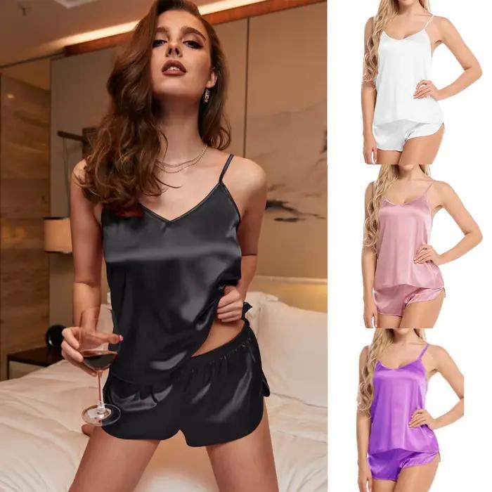 Ensemble de pyjamas en satin pour femmes, ensemble de lingerie, haut et short, vêtements de nuit, sous-vêtements en fibre, 2 pièces