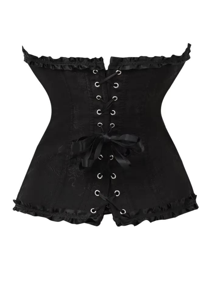 Corset élégant noir en jacquard avec volants, boucle avant et liens arrière, idéal pour les soirées, corset sculptant