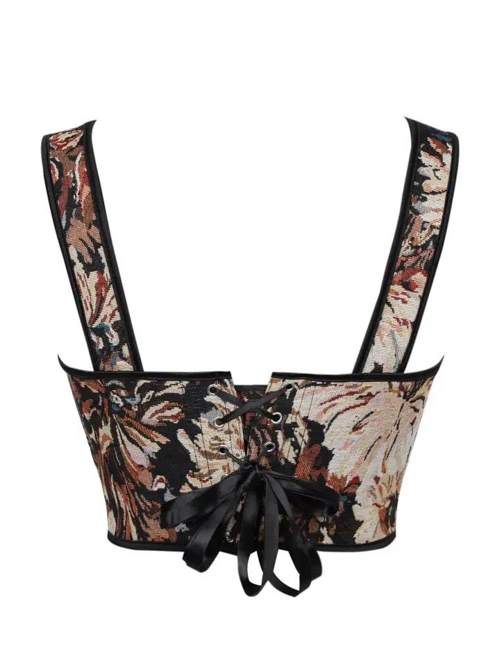 Corset victorien à baleines, bustier vintage en jacquard style peinture à l'huile, avec lacets et ruban en satin rétro, gilet ajusté pour femme