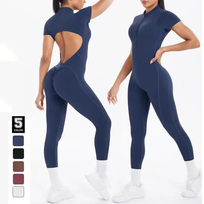 Sexy odhalený chrbát priliehavá Scrunch kombinéza zdvíha zadok ženy tanec Fitness overal Push Up s vankúšikom na prsia