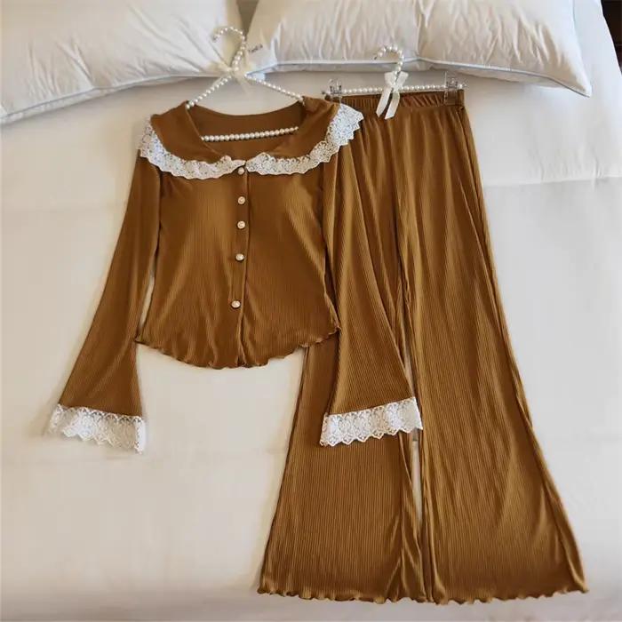Pyjama élégant et doux pour femmes, ensemble pantalon à manches longues, boutons, coussin de poitrine, chemise, vêtements de nuit deux pièces