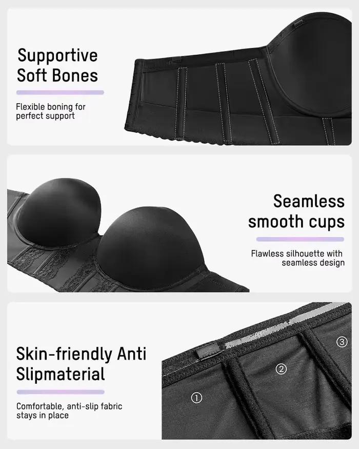 Soutien-gorge push-up sans bretelles pour femme, rembourré, avec armatures, bretelles réglables et convertibles, effet lissant latéral, soutien-gorge T-shirt