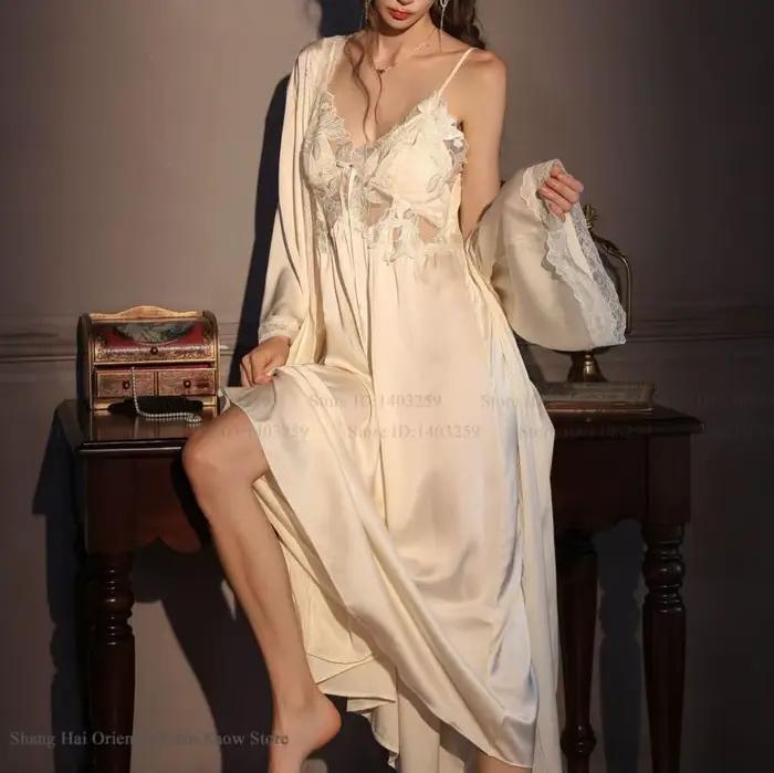 Élégant femme longue Robe ensemble chemise de nuit soyeux glace soie vêtements de nuit Homewear SEXY évider dentelle chemise de nuit Lingerie vêtements de détente