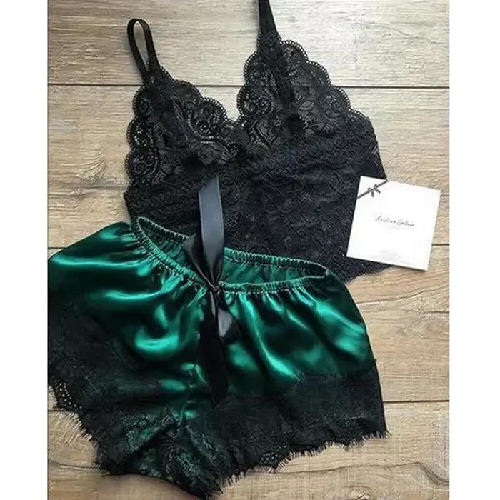 Ensemble de pyjamas en dentelle pour femmes, vêtements de nuit sexy, lingerie en fibre, col en V, ensembles de Y et de shorts, vêtements de détente