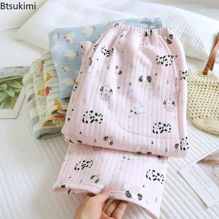 Pantalon de pyjama imprimé 100% coton pour femme, vêtement de maison chaud à trois couches, décontracté, ample, Long, nouvelle collection automne et hiver
