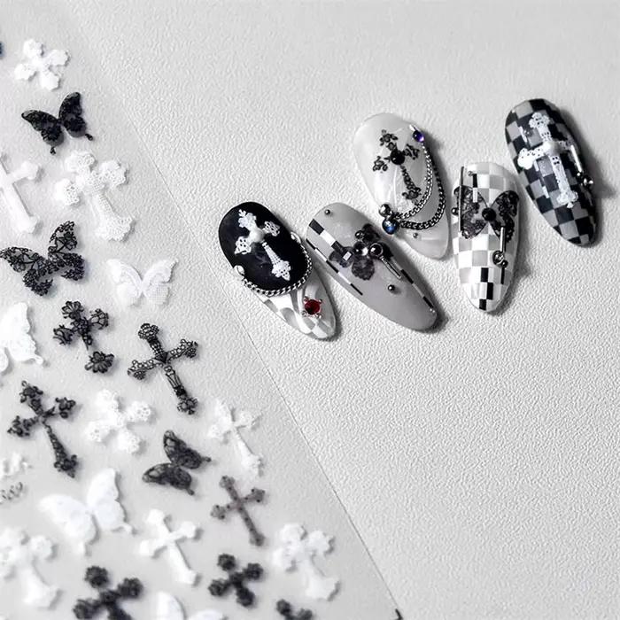 Žena Sexy čierna biela čipka motýľ kríž 5D jemný reliéf Reliéfna samolepiaca Nail Art dekorácia nálepka manu