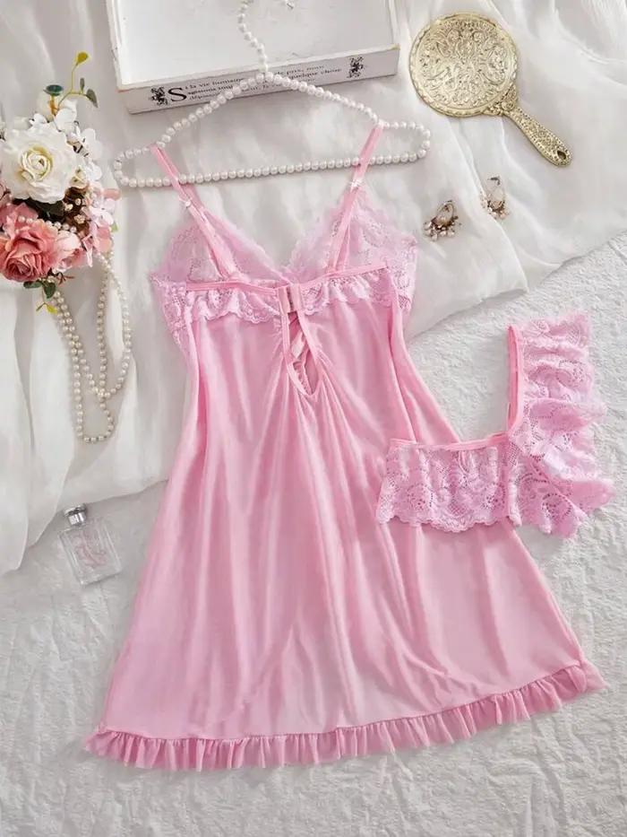 Ensemble rose pour femmes, Lingerie tanga Sexy, chemise de nuit Teddy, pyjama féminin exquis, col en v avec culotte, ensemble 2 pièces, robe de nuit