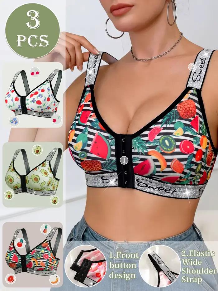 Lot de 3 soutiens-gorge sans fil pour femmes, bralette confortable à fermeture avant avec imprimé fruits mélangés et bordure brillante