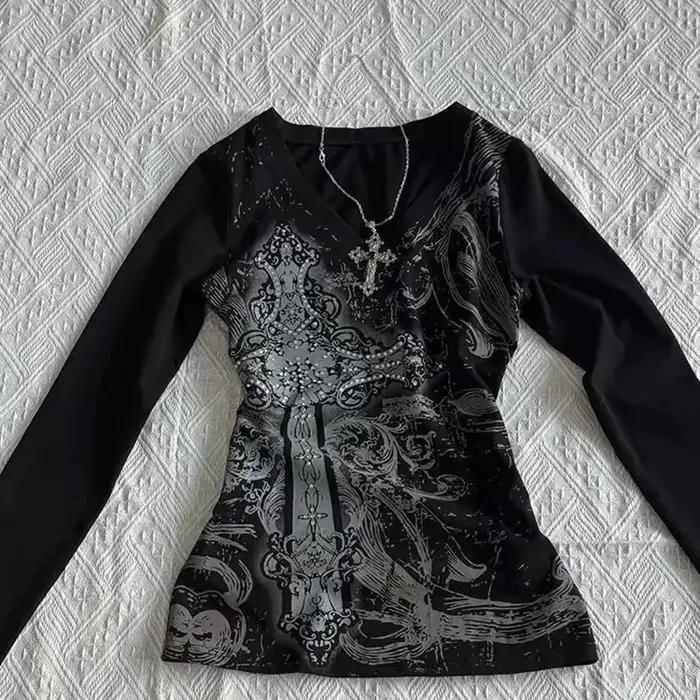 Dámske hip hop 90s vintage punk tričko jeseň streetwear sexy krátky rukáv gotické štíhle krátke top hotgirl dekorácia