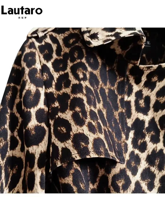 Lautaro jarná jesenná dlhá elegantná leopardia potlač trench kabát pre ženy s opaskom dvojradové zapínanie ležérny