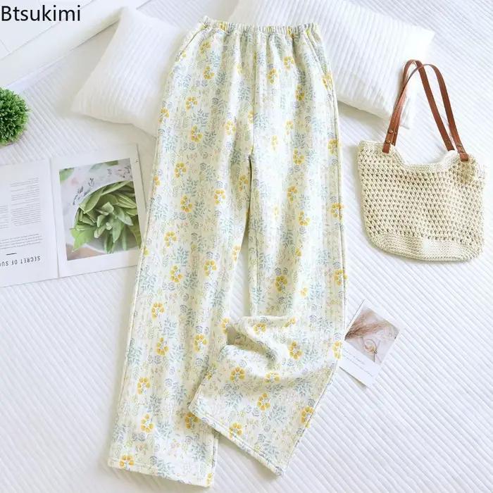 Pantalon de pyjama imprimé 100% coton pour femme, vêtement de maison chaud à trois couches, décontracté, ample, Long, nouvelle collection automne et hiver