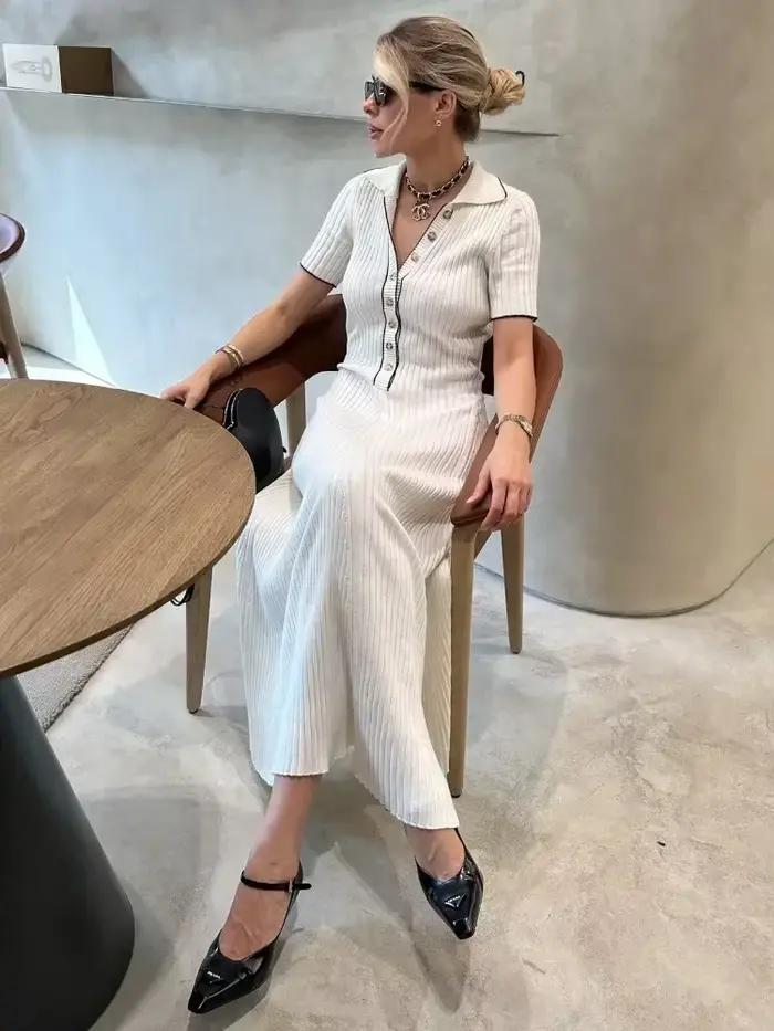 Tossy biele pletené módne maxi šaty pre ženy s krátkymi rukávmi Patchwork elegantné večerné