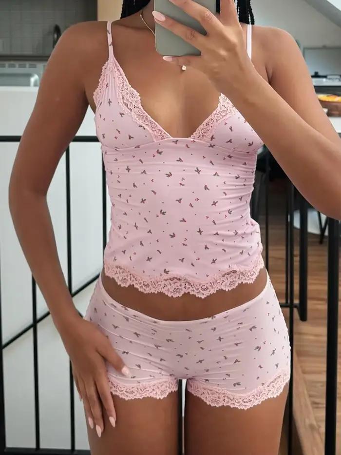 Ensemble de pyjama deux pièces pour femmes, rose, dentelle florale, patchwork, vêtements de nuit, camisoles sans manches et shorts mignons et fins, vêtements de détente