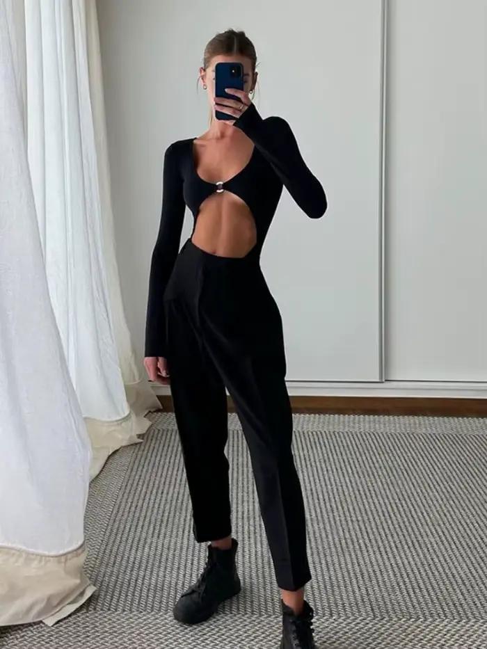Trblietavé body Sexy Lingerie dámske dlhé rukávy top Čierny korzet jednodielny módne trendy