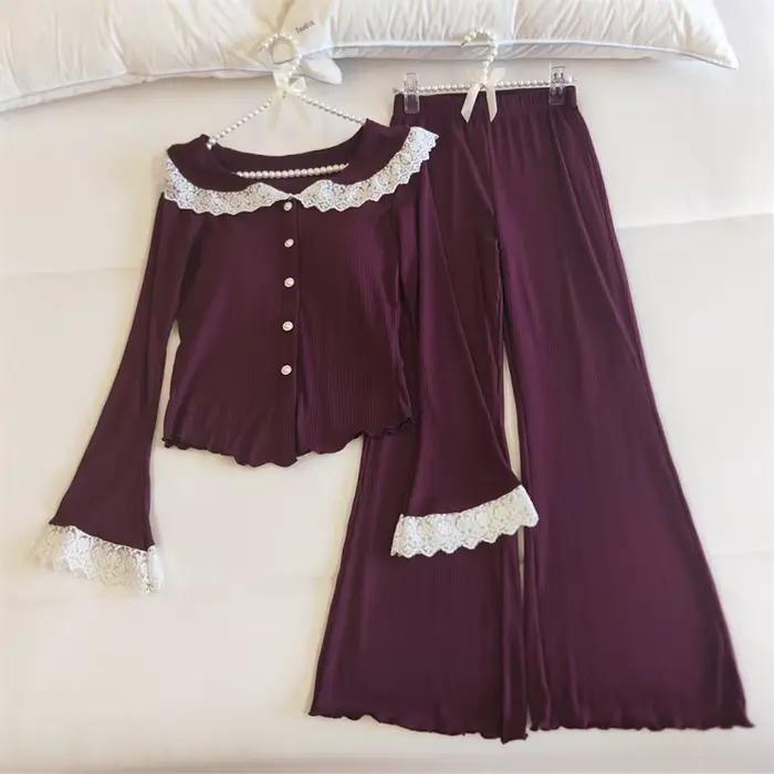 Pyjama élégant et doux pour femmes, ensemble pantalon à manches longues, boutons, coussin de poitrine, chemise, vêtements de nuit deux pièces