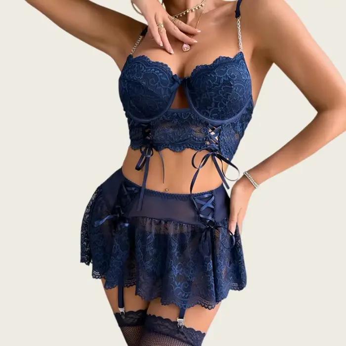 Ensemble de Lingerie Ultra Sexy pour Femme en Dentelle Française, Sous-vêtements Éthiques, comprenant String, Jupe Courte, Bas et Tenues Brésiliennes