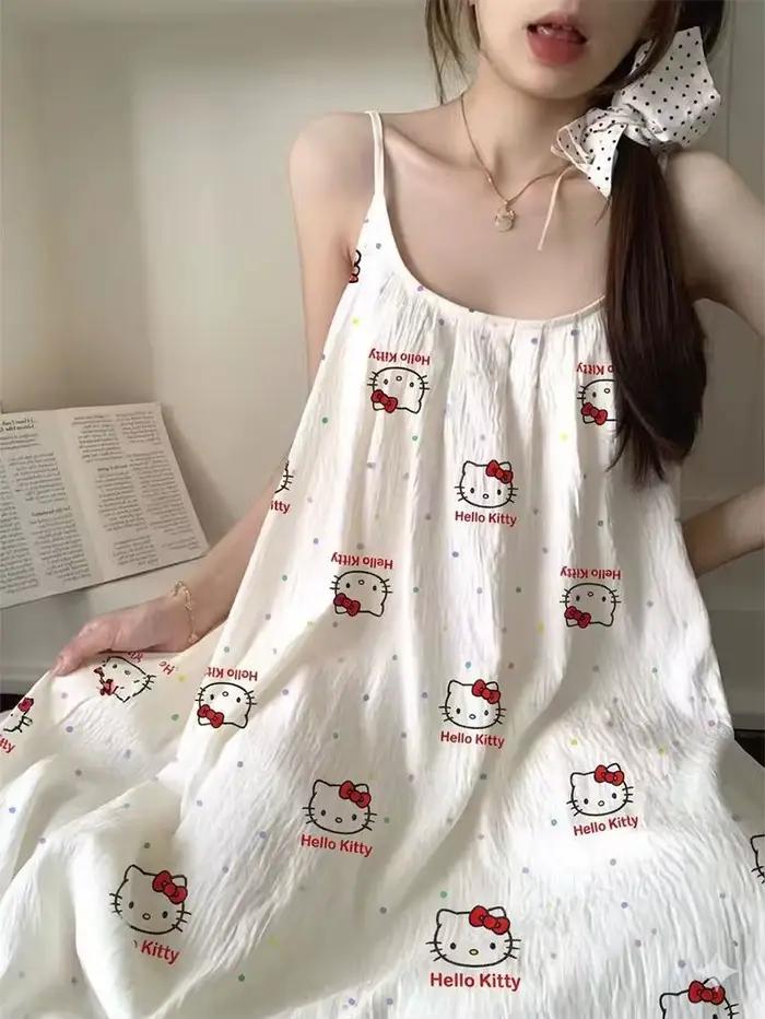 Robe de nuit mi-longue Hello Kitty pour femme avec soutien-gorge intégré, imprimé dessin animé mignon, prête pour l'extérieur, élégante, pour dormir et se détendre