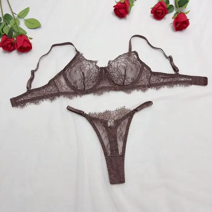 Ensemble de lingerie femme marron en dentelle à cils, soutien-gorge transparent à armatures douces avec bretelles réglables et string ajouré, 2 pièces, lingerie romantique