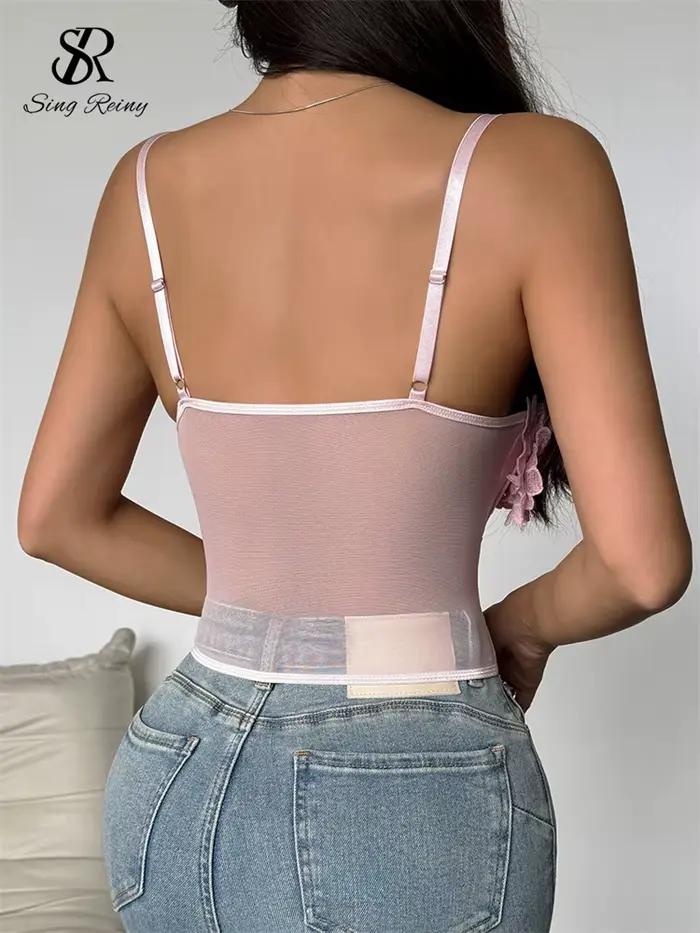 SINGREINY pure gaze 3D fleurs Corset femmes rose Sexy bretelles mince hauts mode Streetwear dames court français Chic doux Camis