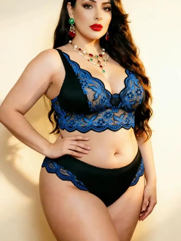 Sexy čipkovaná čierno-modrá spodná bielizeň pre ženy s väčšími veľkosťami s kvetinovou výšivkou - Nohavičky a bralette s nastaviteľnými ramienkami