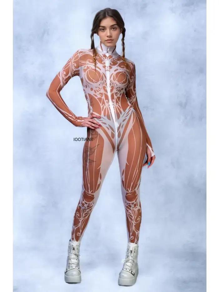 Body en maille pour femmes, peinture artistique Sexy, Costume de Cosplay de fête de carnaval d'halloween, Performance sur scène, body élastique Zentai