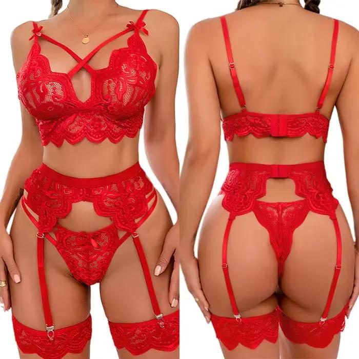 Ensemble de lingerie érotique sexy pour femme, soutien-gorge et jarretelles, 3 pièces, transparent, grande taille, pour l'été