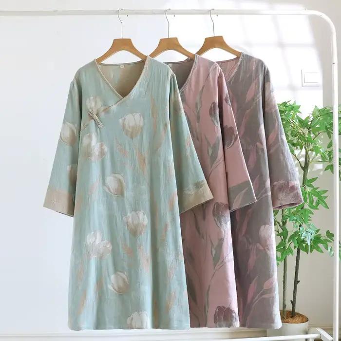 Chemise de nuit en coton pur teint en fil de style chinois pour femmes, vêtements de détente en gaze fine, rétro, manches longues, col en v, ample, automne