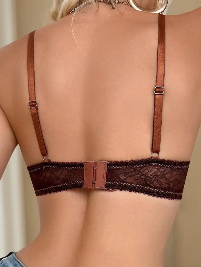 Soutien-gorge élégant marron en dentelle à armatures pour femme, push-up, coupe plongeante, lingerie avec bordure contrastante, confortable MR3608