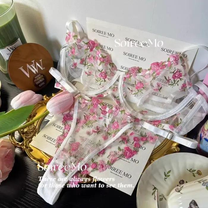 Ensemble de soutien-gorge en dentelle française élégante, broderie florale, Bralette en maille transparente avec fils doux pour gros seins, Lingerie de luxe, tailles britanniques, tendance