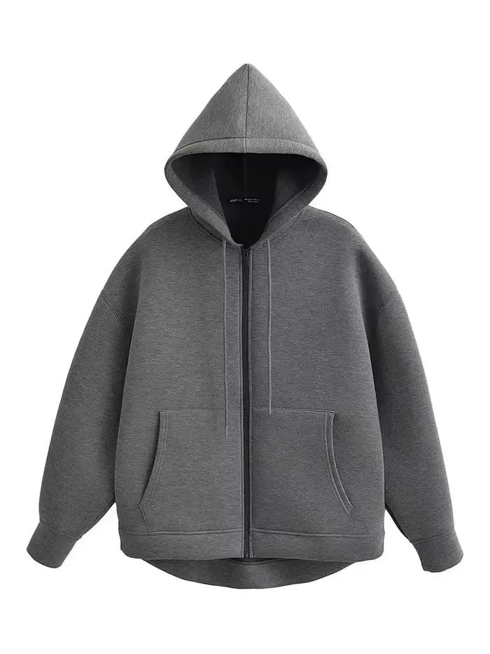 HH jeseň zima ženy zips kabát s kapucňou vysoká ulica dvojité vrecká oversized Jakcet mikiny am