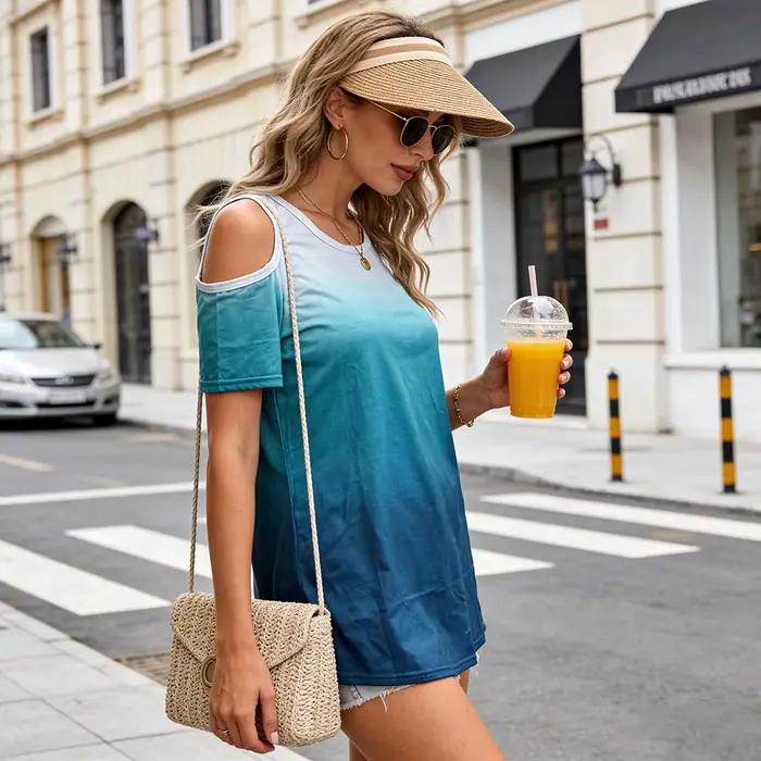 Chemisier élégant bleu dégradé à épaules découpées, T-shirt décontracté ample et respirant pour le quotidien et les vacances