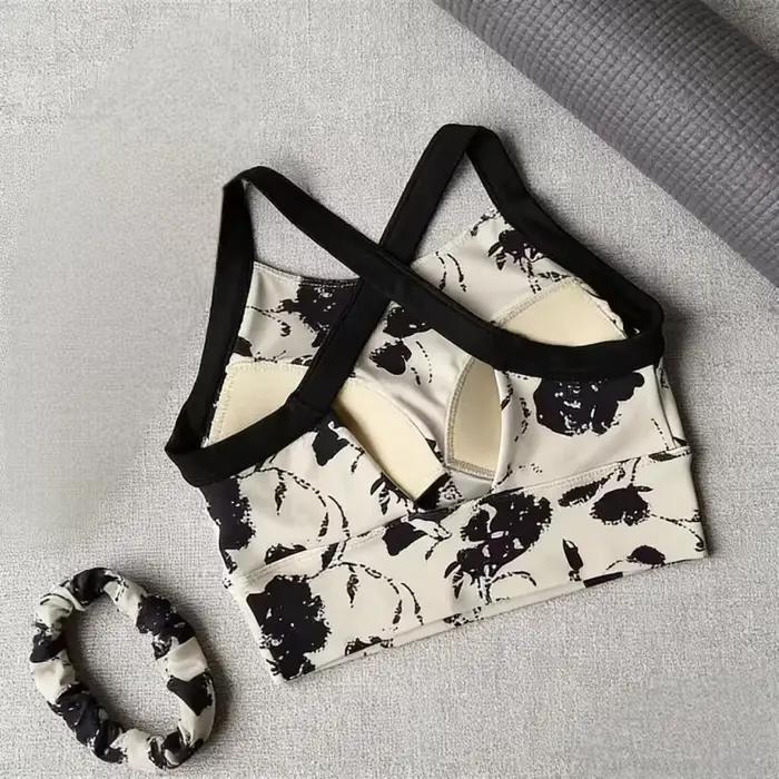 Soutien-gorge de sport imprimé pour femme, avec bretelles croisées au dos, effet push-up, respirant, dos élégant, idéal pour le yoga, la gym, l'entraînement et la course à pied