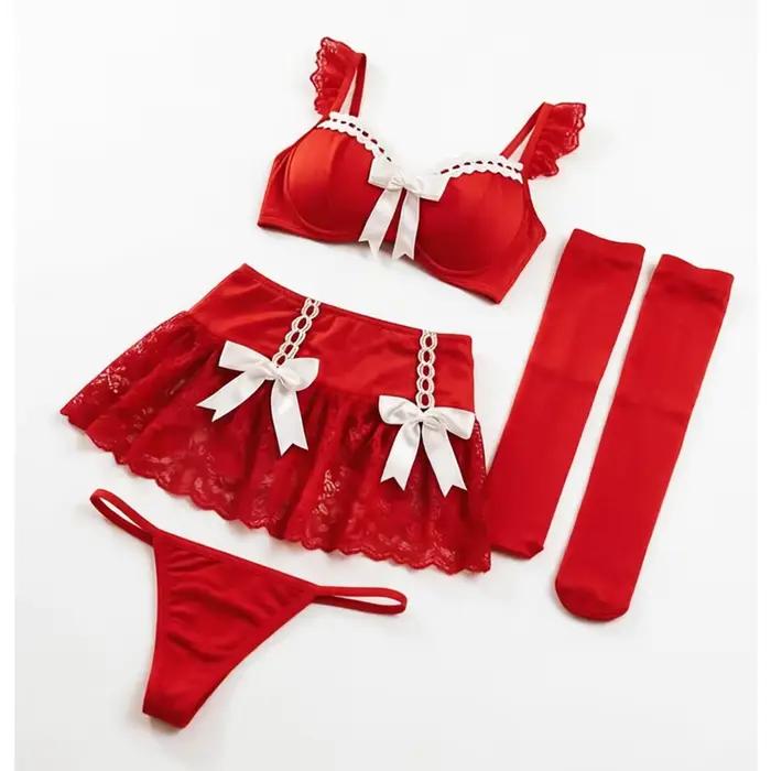 Červený čipkovaný sexy lingerie set pre ženy a saténový