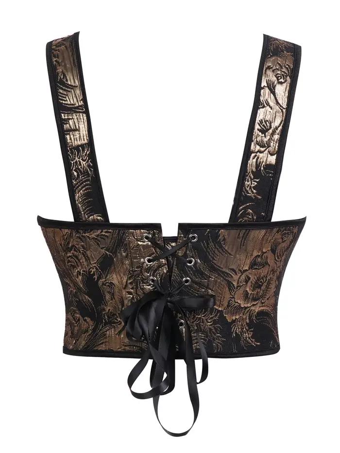 Corset pour femme noir et or, jacquard baroque, avec nœud à nouer, larges bretelles, décolleté en V profond sur le devant et au dos, à lacets, bustier structuré
