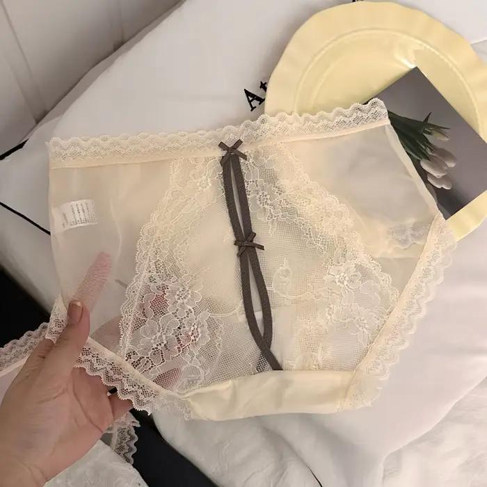 Culottes sexy pour femmes, fines, ajourées, avec nœud, transparentes, respirantes, sous-vêtements doux à la taille, lingerie en dentelle à motif floral, super confortables