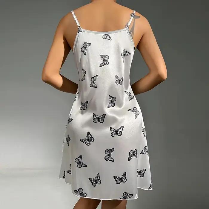 Chemise de nuit soyeuse et confortable pour femmes, imprimé papillons, coupe basse, pour une sensation de fraîcheur en été, robe de nuit Chic, pyjama de maison