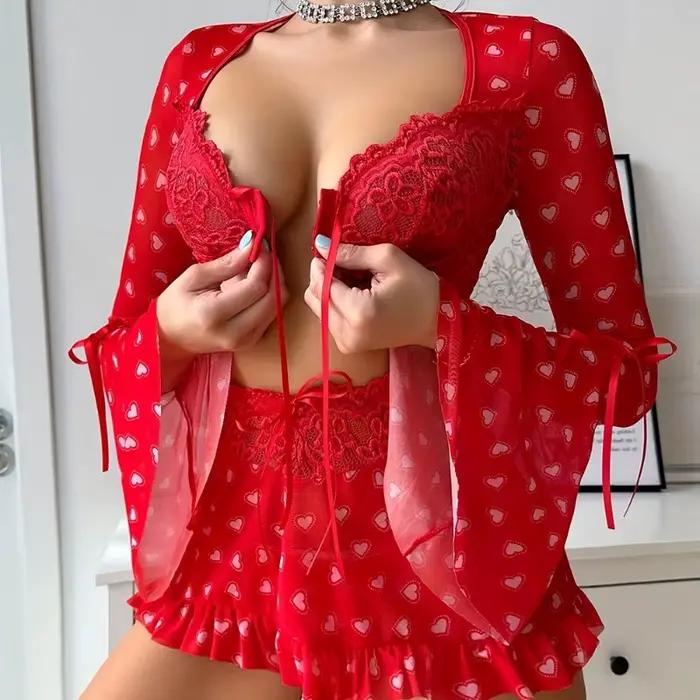 Toucheart 3-dielna priesvitná sexy bielizeň pre ženy červená láska podprsenka sieťovaná patchwork nariasená šnurovaná