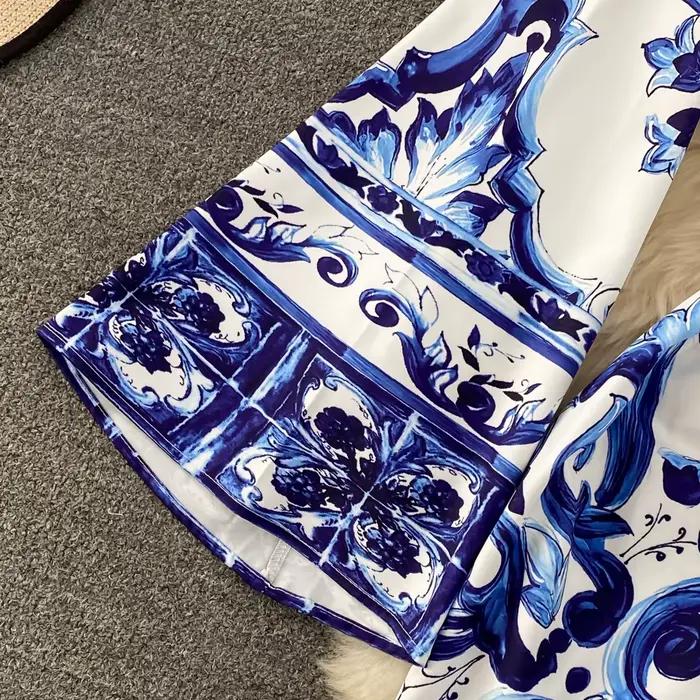 Letná modro-biela porcelánová voľná dlhá šaty pre ženy s okrúhlym výstrihom