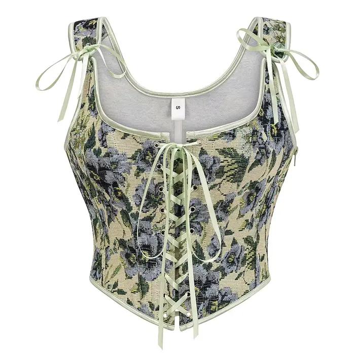 Bustier noir à motif floral avec baleines, gilet sexy style steampunk, corset amincissant médiéval pour femme, haut gothique à lacets, vêtement vintage