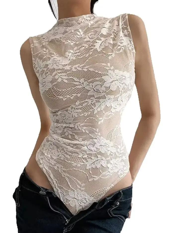 2025 femmes été élégant Beige noir sans manches dentelle body dame de luxe de haute qualité rue moulante barboteuses combinaisons hauts