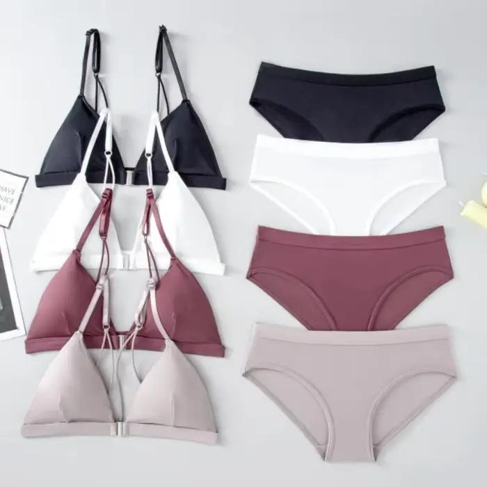 Ensemble de soutien-gorge à fermeture frontale pour femme, lingerie sexy soyeuse, culotte taille basse, soutien-gorge push-up, soutien-gorge sans fil, sous-vêtements sans couture