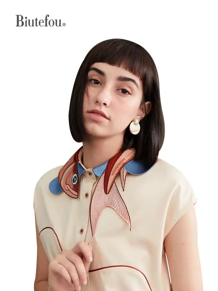 Chemise en coton vintage à broderie animal de compagnie pour femmes, décontractée et idéale pour les festivals de musique