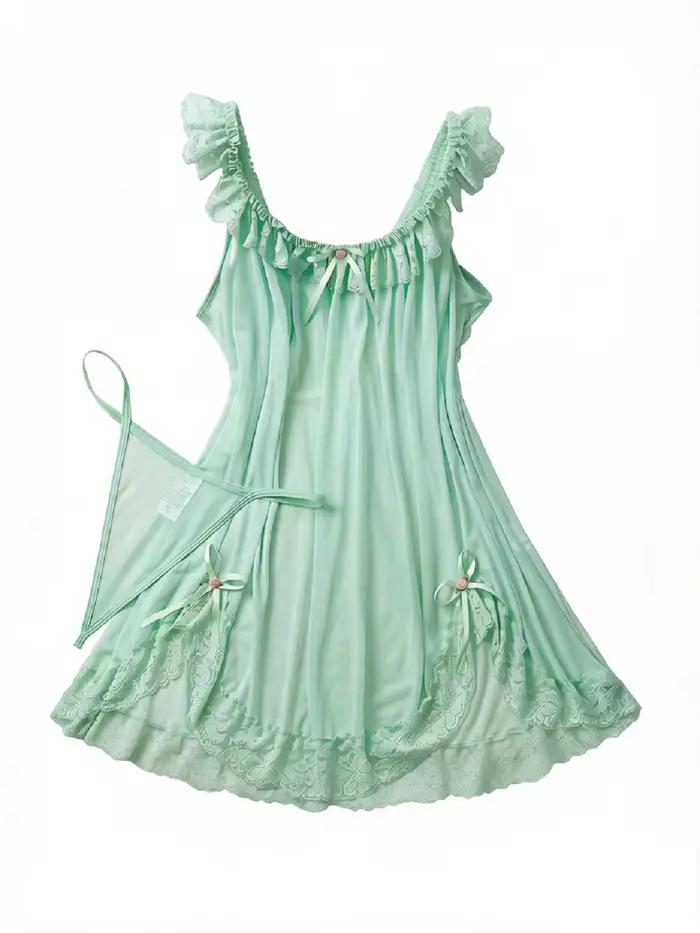 Robe de Nuit Sexy en Dentelle Transparente pour Femme, Nuisette Douce et Ajustée avec Nœud, Robe de Nuit Complète S-2XL 2026