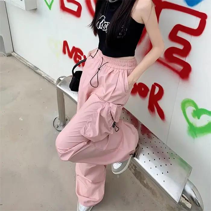 Čierne Y2K padákové nohavice pre ženy Hippie Streetwear s nadrozmernými vreckami Cargo