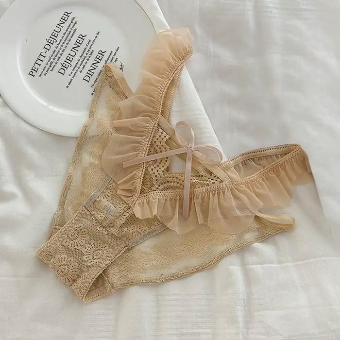 Sous-vêtements en dentelle sexy pour femmes, culotte fine, pantalon triangle, bord à volants, sans lueur, pur désir