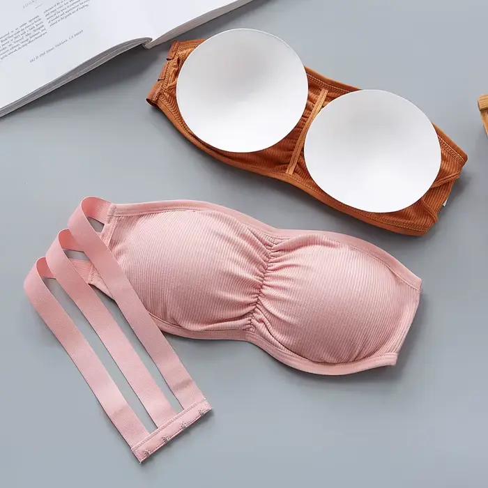 Soutien-gorge bandeau côtelé sans bretelles pour femme, anti-dérapant, froncé, avec coussinets amovibles et respirants, crochets dorsaux réglables, taille unique
