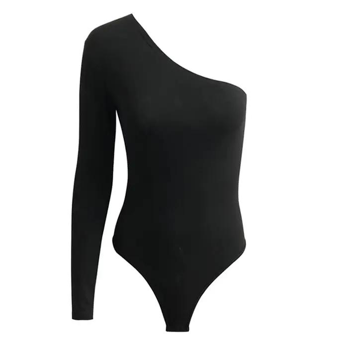Haut asymétrique sexy pour femme, couleur unie simple, body basique à manches longues, chemisier d'été et de printemps pour le streetwear
