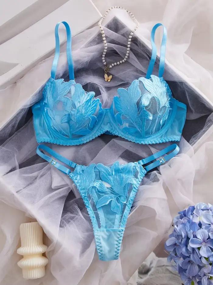 Ensemble de lingerie féminine en dentelle brodée, bleu, Pure Desire, lingerie pour adultes, ensemble de lingerie intime transparente et élégante